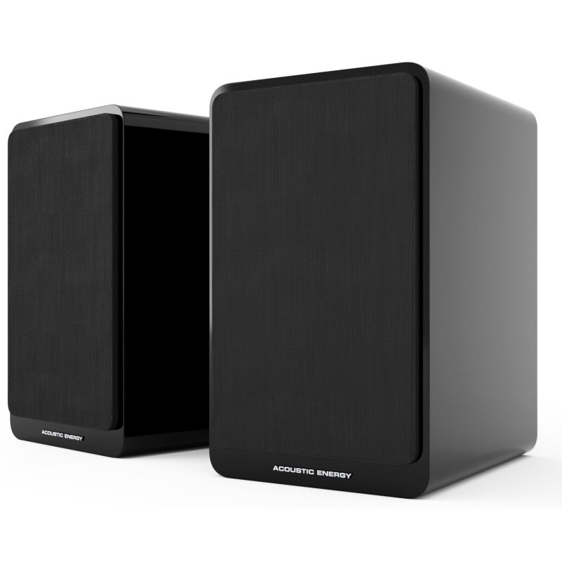 Acoustic Energy AE Active Powered Speakers Gloss Black (Pair) angled with grilles