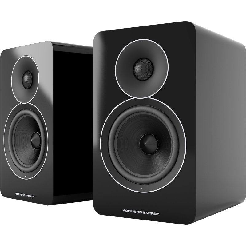 Acoustic Energy AE Active Powered Speakers Gloss Black (Pair) front, grilles removed, drive units visible