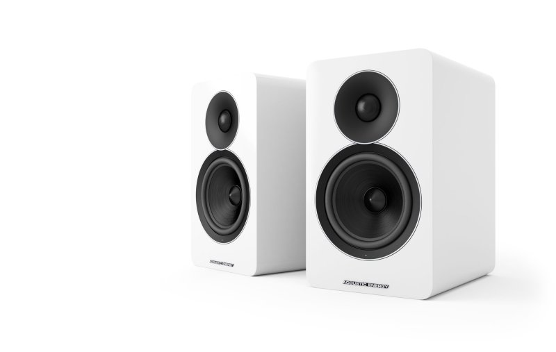 Acoustic Energy AE Active Powered Speakers Gloss White (Pair) angled, grilles removed, drive units visible