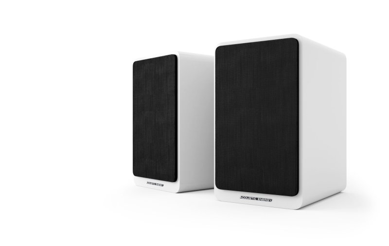 Acoustic Energy AE Active Powered Speakers Gloss White (Pair) angled with grilles