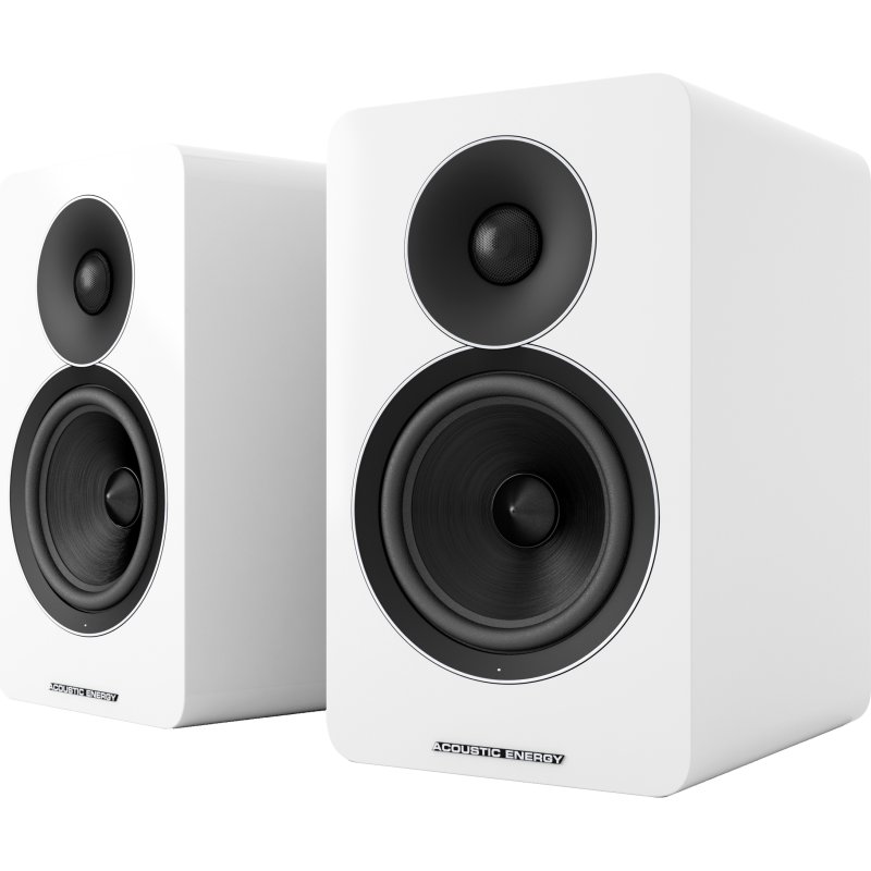 Acoustic Energy AE Active Powered Speakers Gloss White (Pair) front, grilles removed, drive units visible