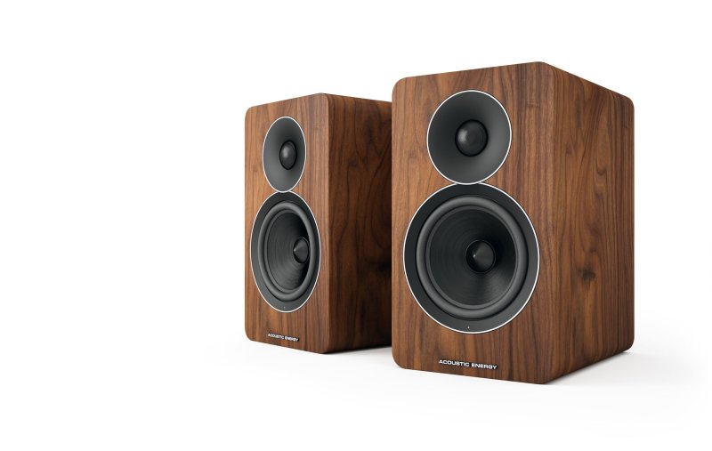 Acoustic Energy AE Active Powered Speakers Walnut (Pair) angled, grilles removed, drive units visible