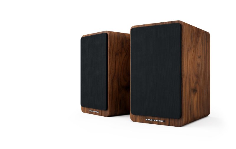 Acoustic Energy AE Active Powered Speakers Walnut (Pair) angled with grilles