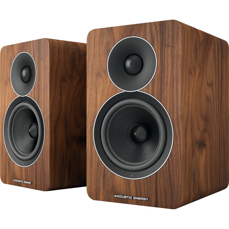 Acoustic Energy AE Active Powered Speakers Walnut (Pair) front, grilles removed, drive units visible