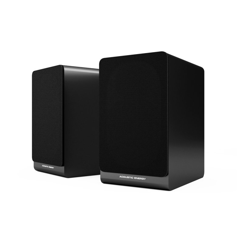 Acoustic Energy AE100 MK2 Bookshelf Speakers Satin Black (Pair) — front view (grilles on)