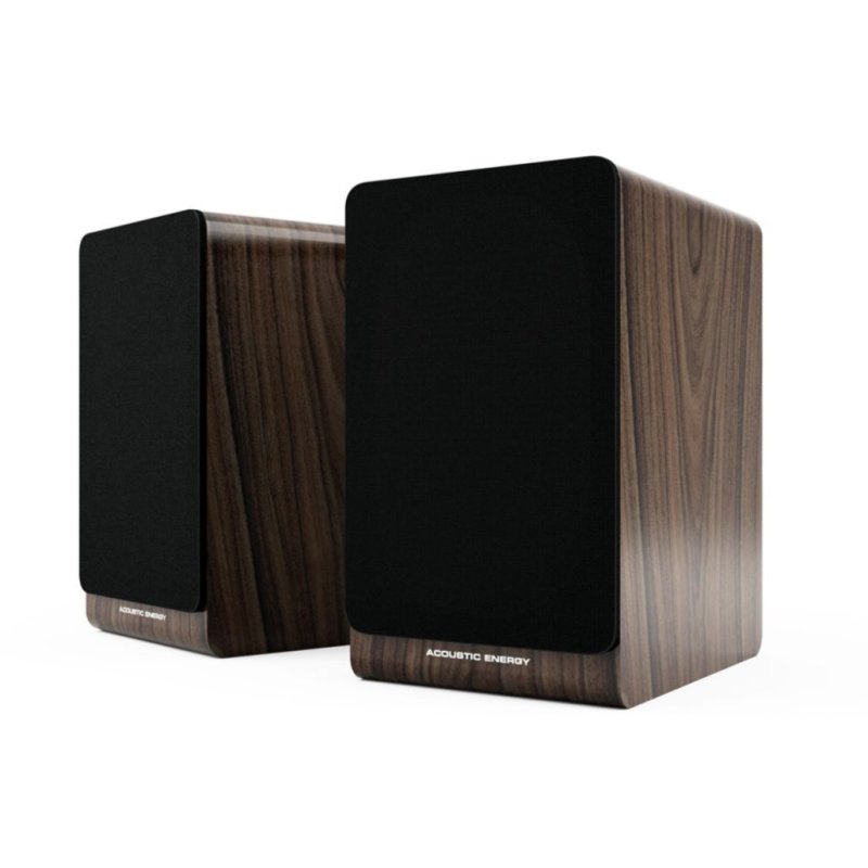 Acoustic Energy AE100 MK2 Bookshelf Speakers Walnut (Pair) — front view (grilles on)