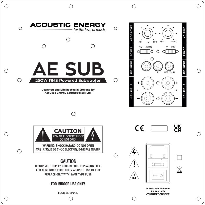 Acoustic Energy AE105 + AESub 2.1 Speaker Pack Black: AE Sub rear amplifier panel diagram showing crossover, volume, phase, line and high level inputs