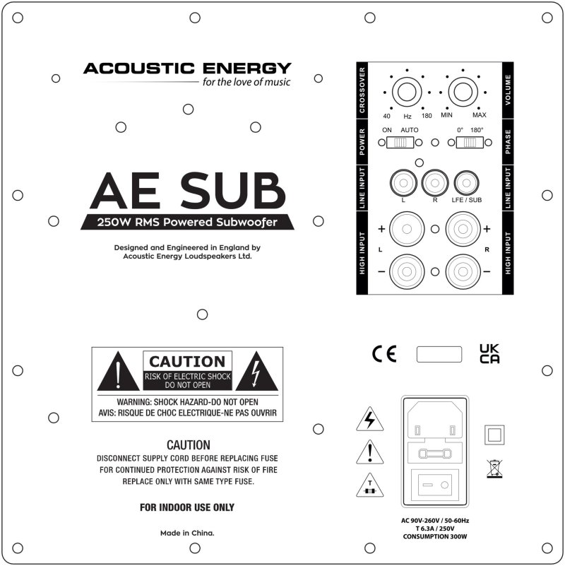 Acoustic Energy AE105 + AESub 5.1 Speaker Pack Black: AE Sub rear amplifier panel diagram showing crossover, volume, phase, line and high level inputs