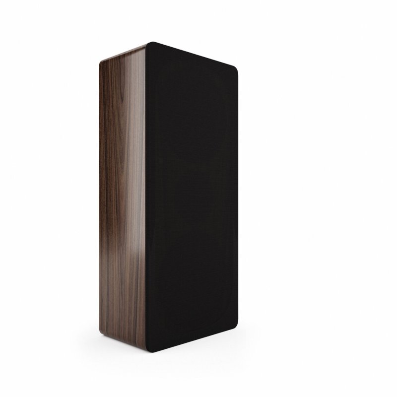 Acoustic Energy AE105 On-Wall Speaker Walnut (Single) — angled view (vertical, with grille)