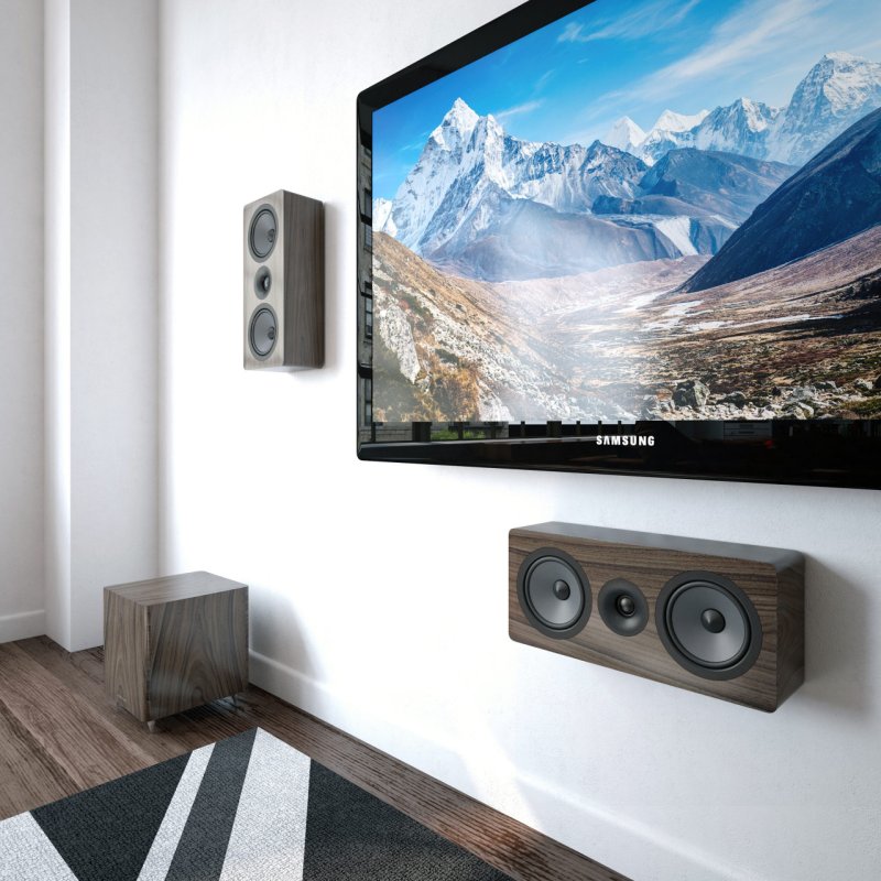 Acoustic Energy AE105 On-Wall Speaker Walnut (Single) — lifestyle (wall mounted, no grilles)