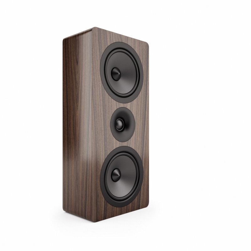 Acoustic Energy AE105 On-Wall Speaker Walnut (Single) — angled view (vertical, no grille)