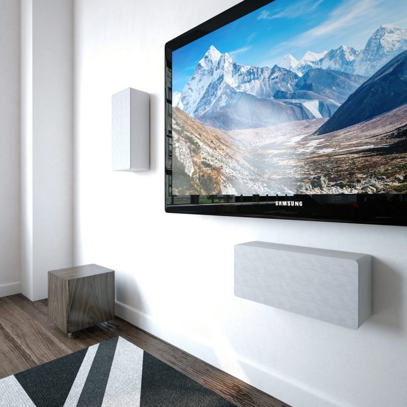 Acoustic Energy AE105 On-Wall Speaker White (Single) — lifestyle (wall mounted, with grilles)