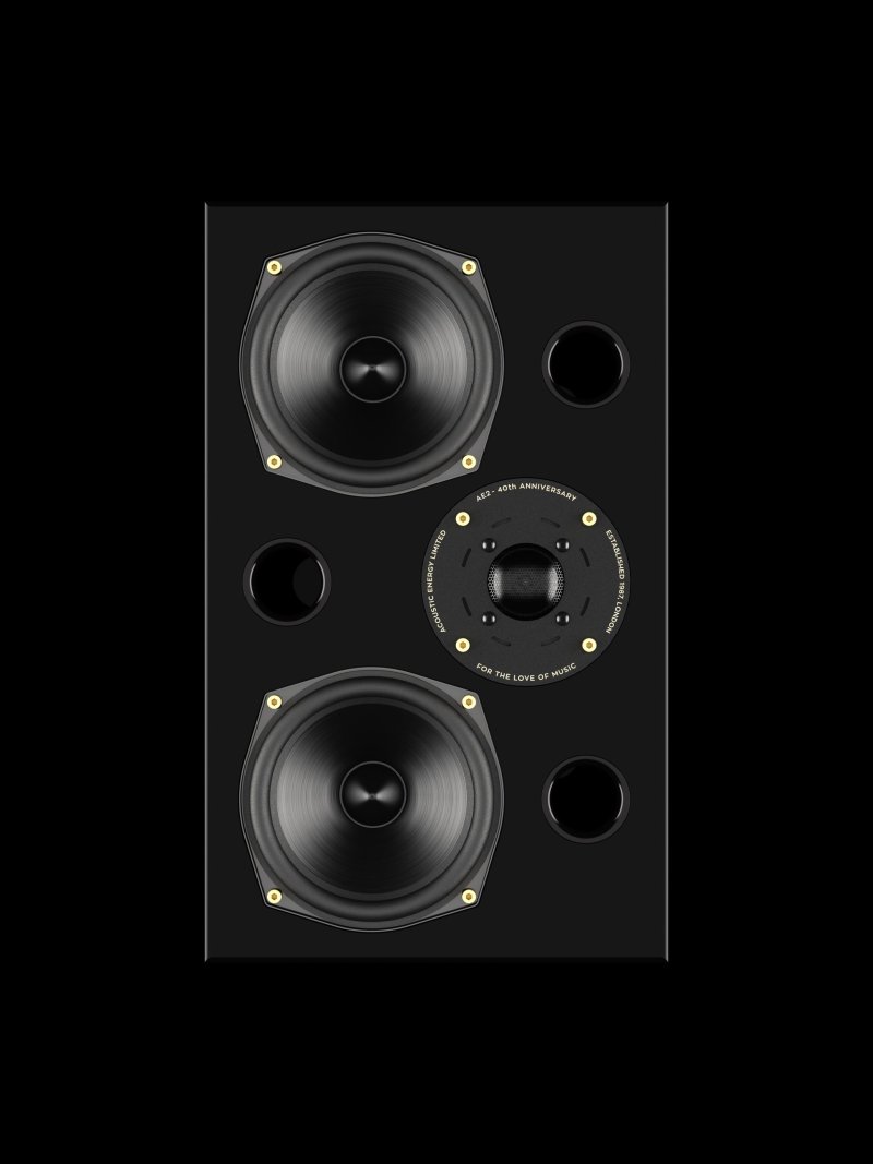Acoustic Energy AE2 40th Anniversary in High Gloss Black, front baffle detail, single speaker shown