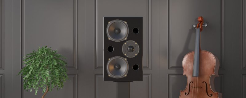 Acoustic Energy AE2 40th Anniversary in High Gloss Black on a stand in a listening room