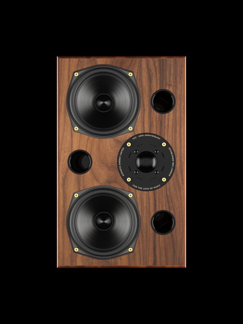Acoustic Energy AE2 40th Anniversary in High Gloss Walnut, front baffle detail, single speaker shown