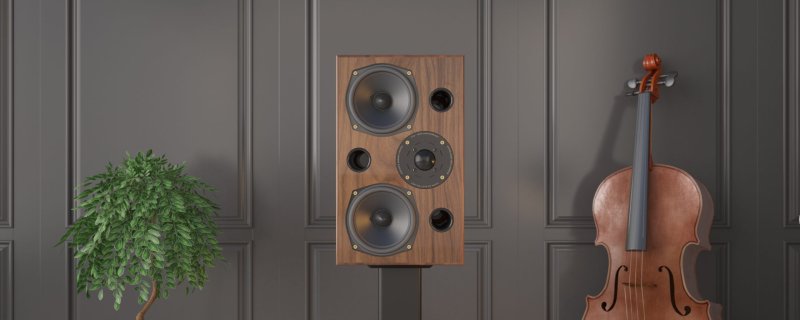 Acoustic Energy AE2 40th Anniversary in High Gloss Walnut on a stand in a listening room