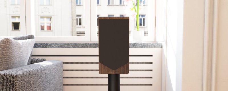 Acoustic Energy AE300 MK2 Walnut — lifestyle with grille