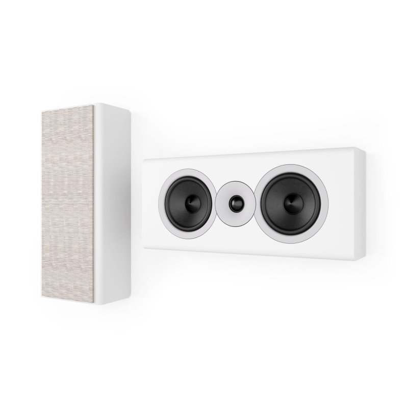 Acoustic Energy AE307 Mk2 centre speaker in matte white, dual orientation view