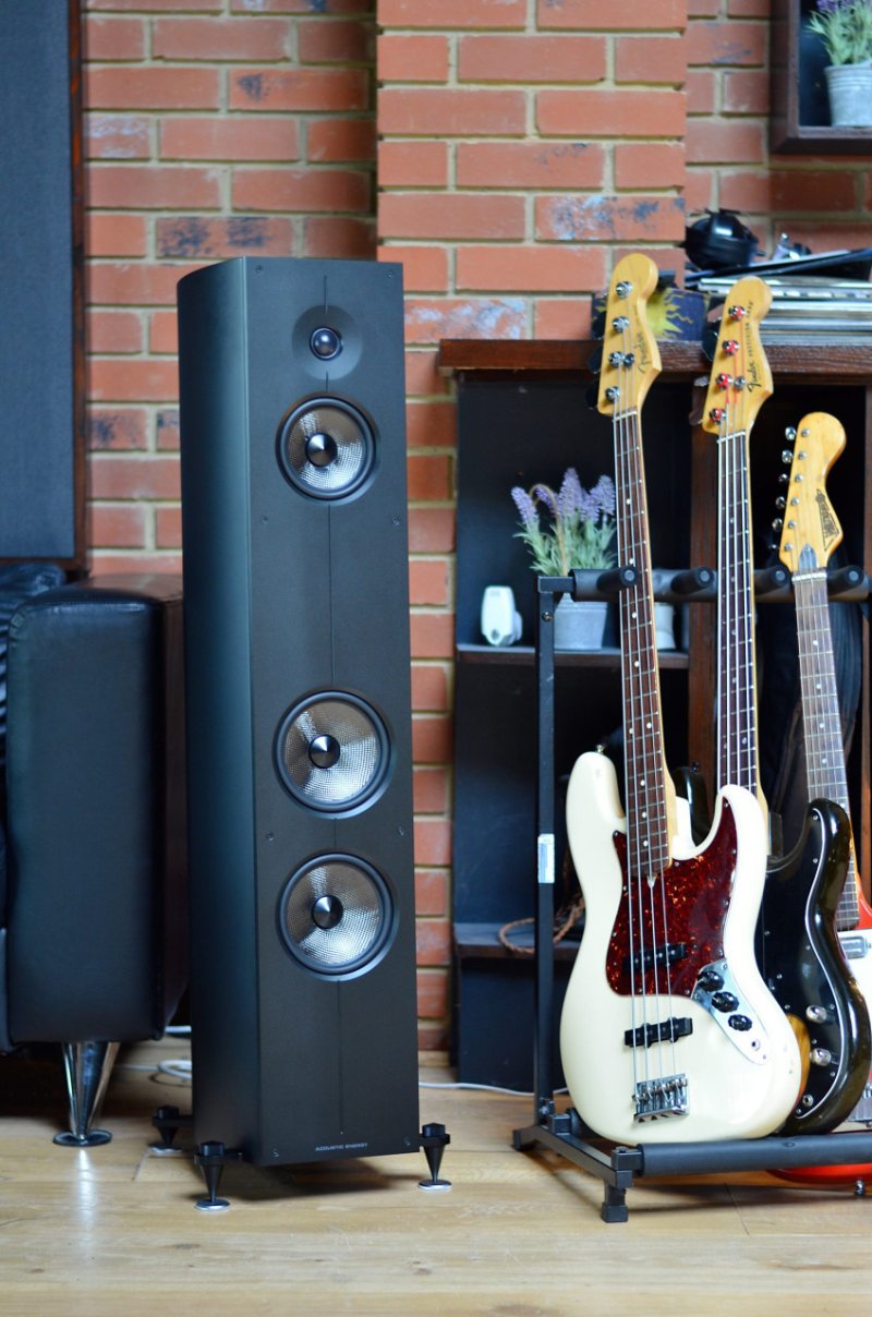 Acoustic Energy Corinium Floorstanding Speakers Matte Black (Pair) — lifestyle with guitars