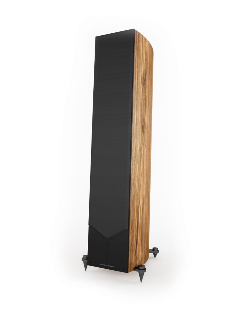 Acoustic Energy Corinium Floorstanding Speakers (Tectona) angled view with grille