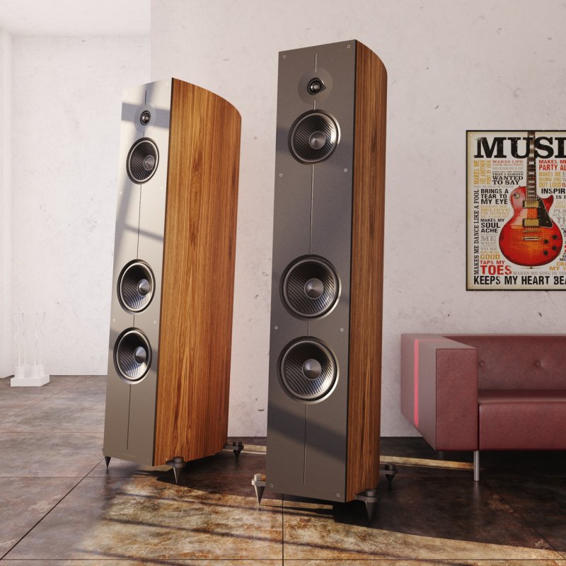Pair of Acoustic Energy Corinium Floorstanding Speakers (Tectona) in living room