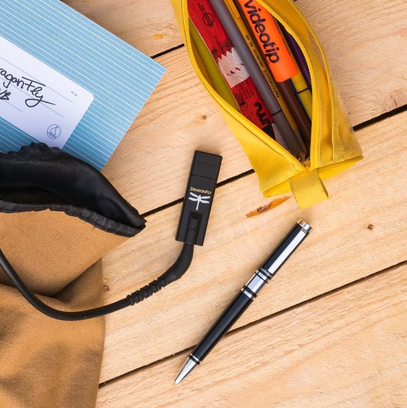 AudioQuest DragonFly Black — lifestyle shot with leatherette travel pouch and headphone cable