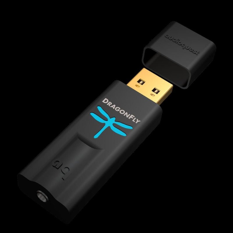 AudioQuest DragonFly Black — angled view with USB cap partially removed, showing gold-plated USB Type-A connector
