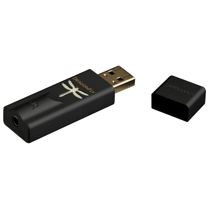 AudioQuest DragonFly Black — USB DAC with protective cap removed, showing USB Type-A connector and 3.5mm headphone output