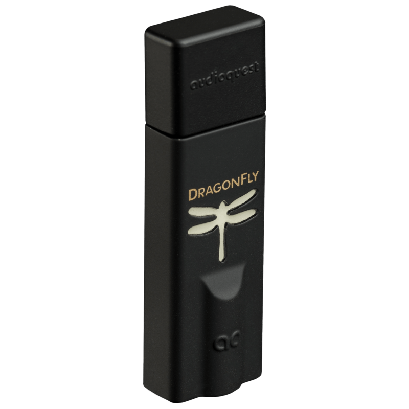 AudioQuest DragonFly Black — front view showing dragonfly logo and 3.5mm headphone output
