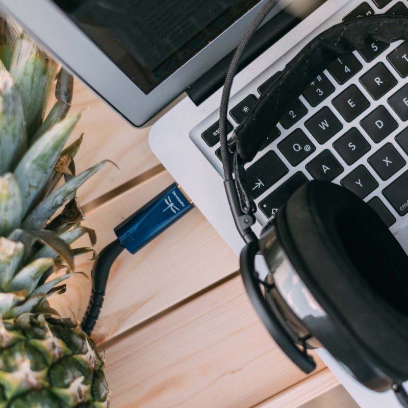 AudioQuest DragonFly Cobalt USB DAC and Headphone Amplifier — lifestyle (laptop and headphones)