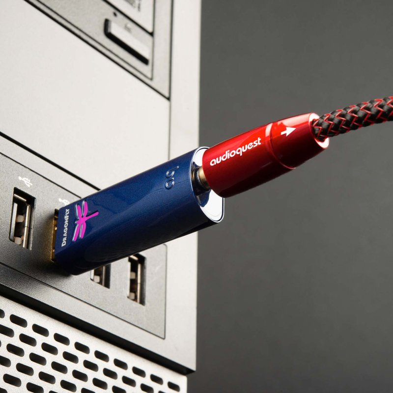 AudioQuest DragonFly Cobalt USB DAC and Headphone Amplifier — connected to desktop PC with headphone cable