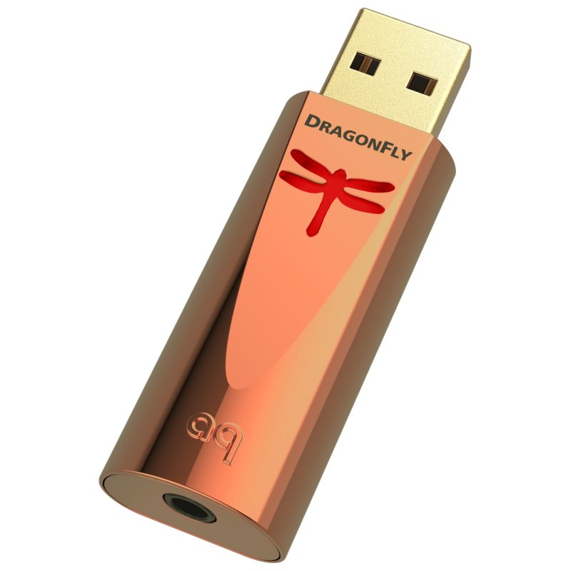 AudioQuest DragonFly Copper showing the 3.5mm output and lit emblem