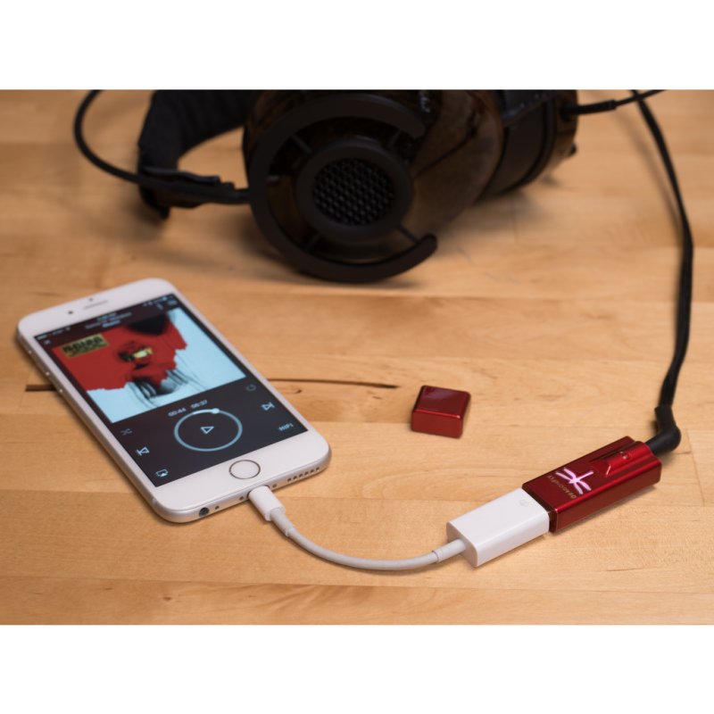 AudioQuest DragonFly Red connected to iPhone with headphones