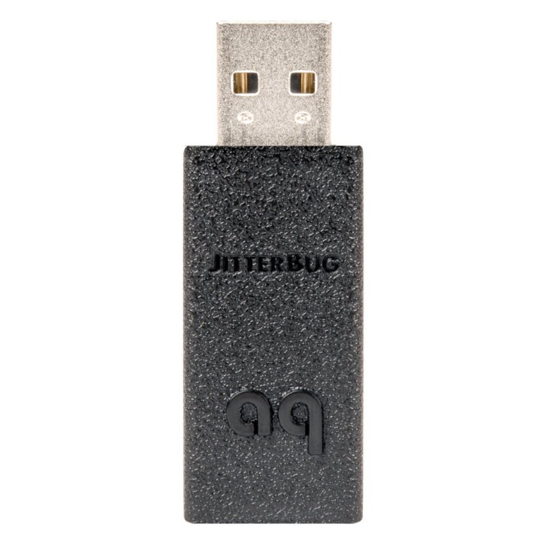 AudioQuest JitterBug USB noise filter - front view showing USB-A connector and branding