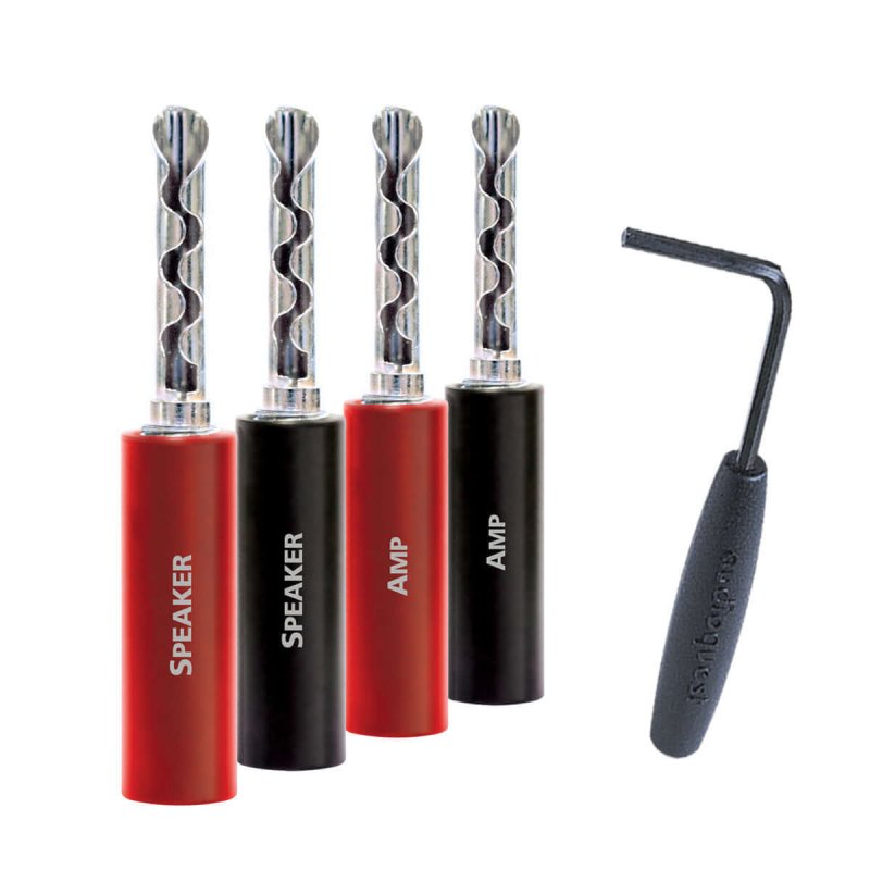 AudioQuest Sure Grip BFA Silver Banana Plugs (4 Pack) with cold-weld tightening tool