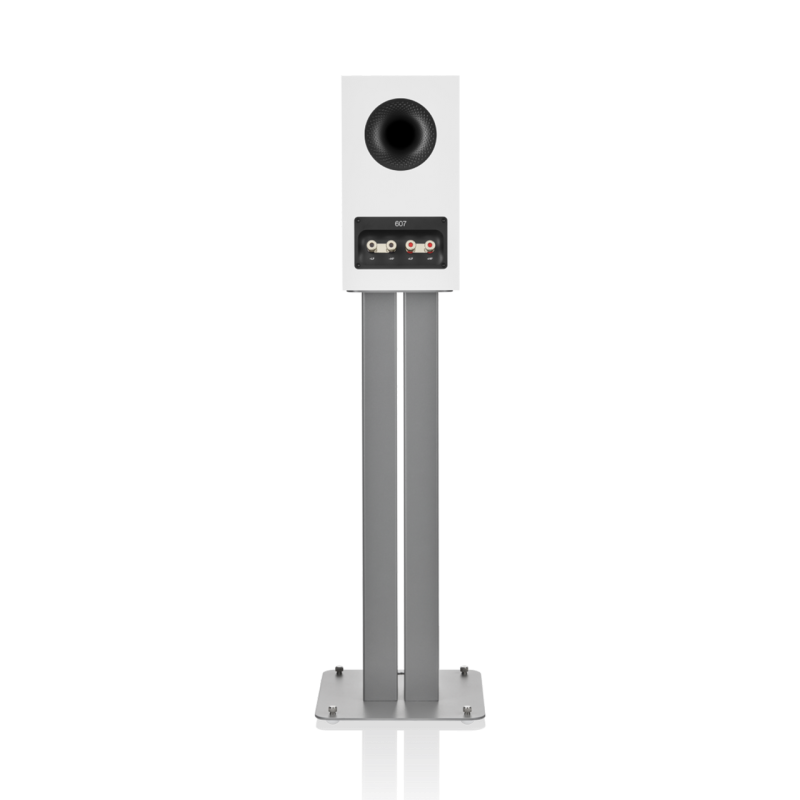 Bowers & Wilkins 607 S3 Bookshelf Speakers Oak (Pair) — rear view on stand