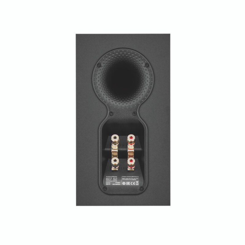 Bowers & Wilkins 607 S2 Anniversary Edition Black — rear panel showing Flowport bass reflex port and dual binding posts