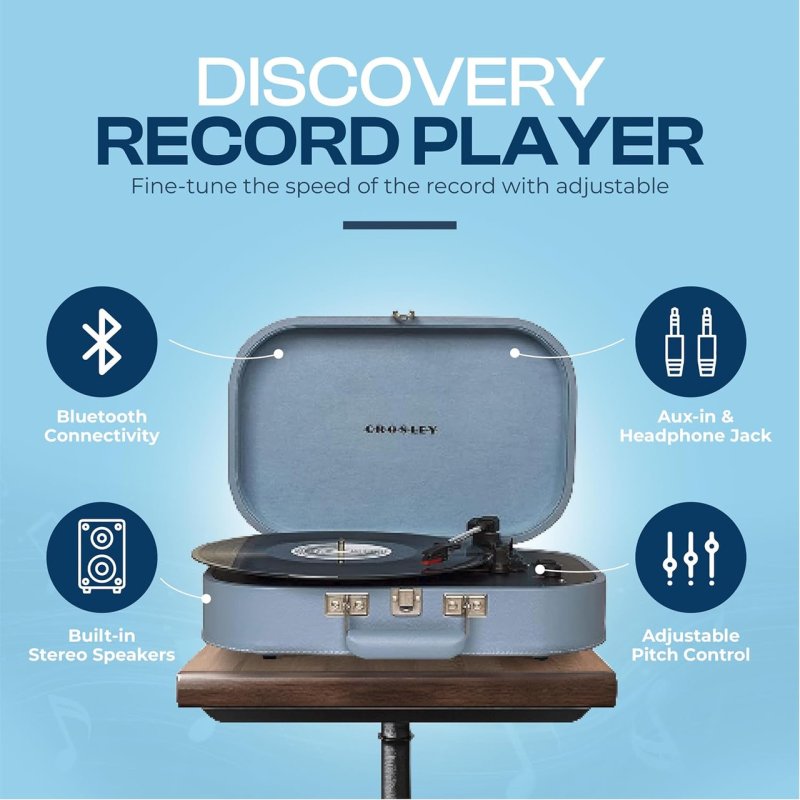 Crosley Discovery Portable Bluetooth 3-Speed Suitcase Vinyl Turntable - Glacier