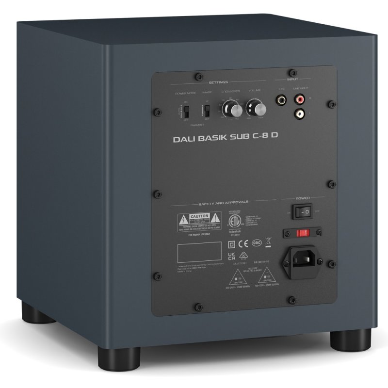 DALI BASIK SUB rear three-quarter view showing the amplifier backplate