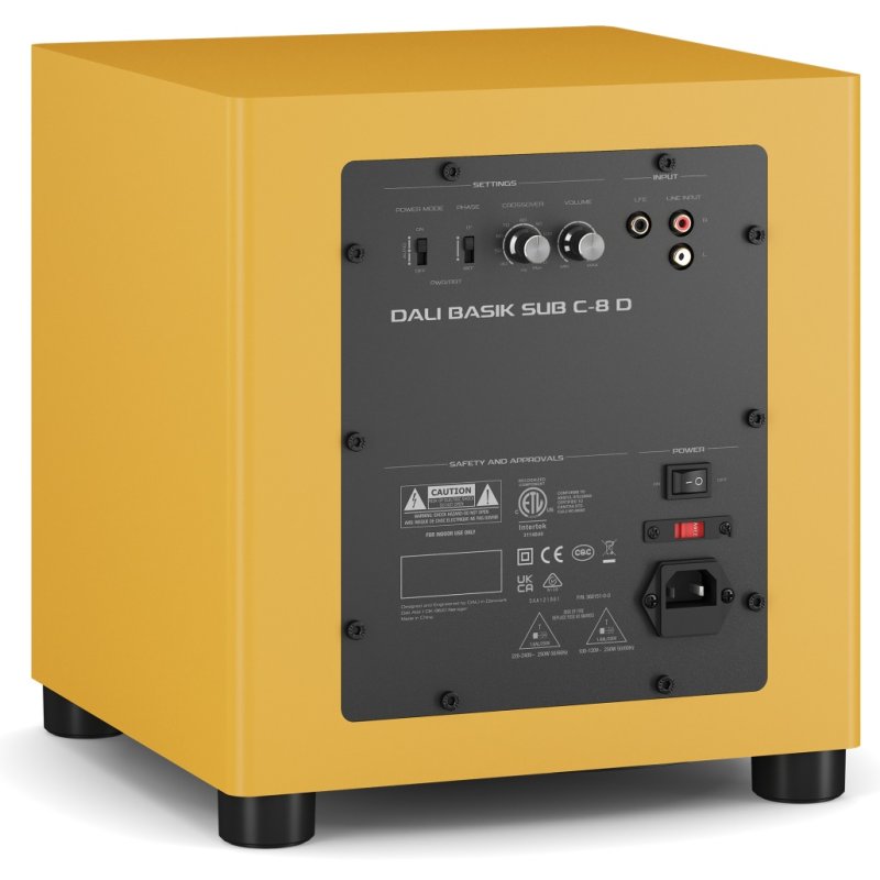 DALI BASIK SUB rear three-quarter view showing the amplifier backplate