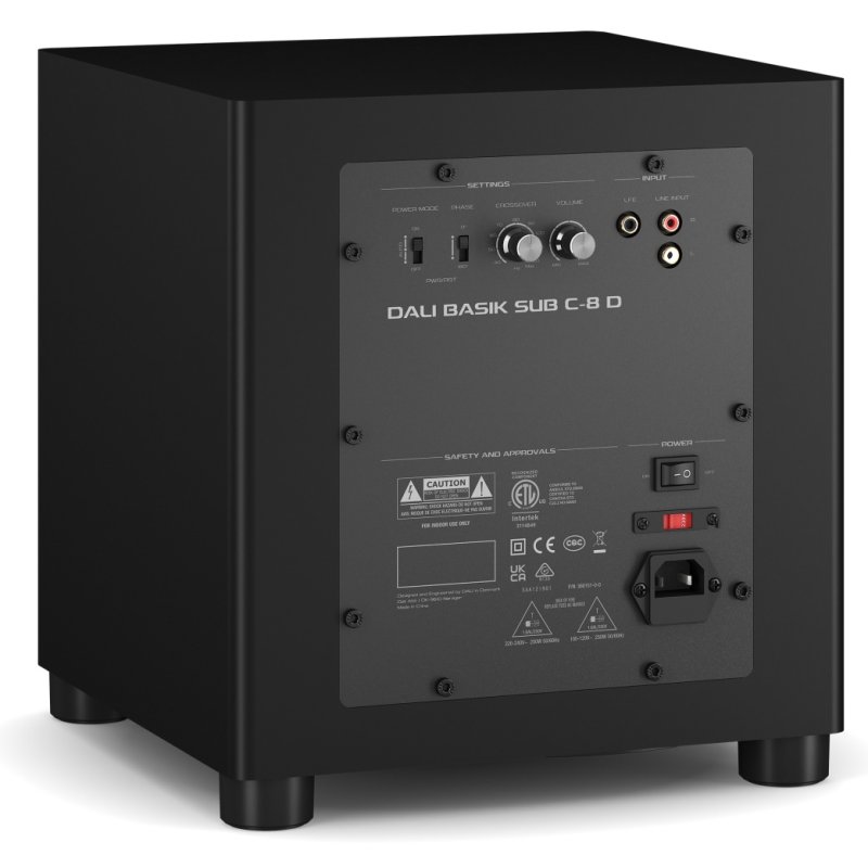 DALI BASIK SUB rear three-quarter view showing the amplifier backplate