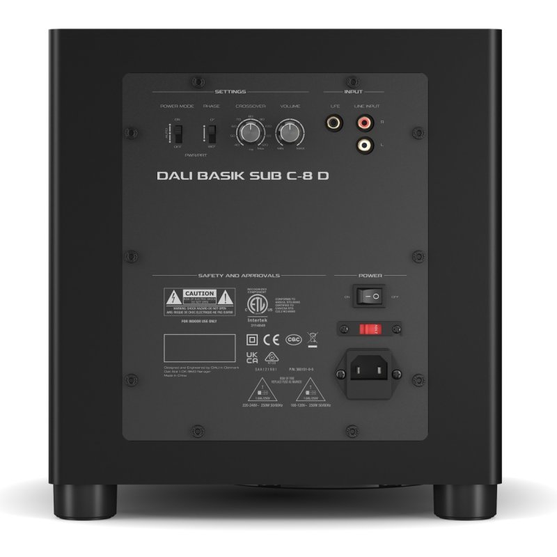 DALI BASIK SUB rear amplifier panel with crossover, volume, phase and input controls