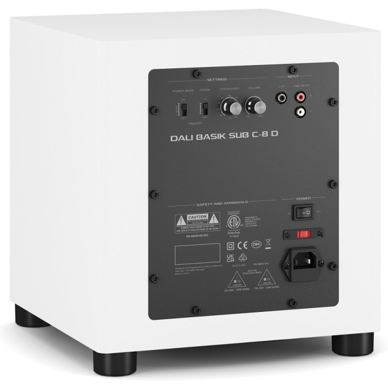 DALI BASIK SUB in Solid White, rear three-quarter view showing the amplifier backplate