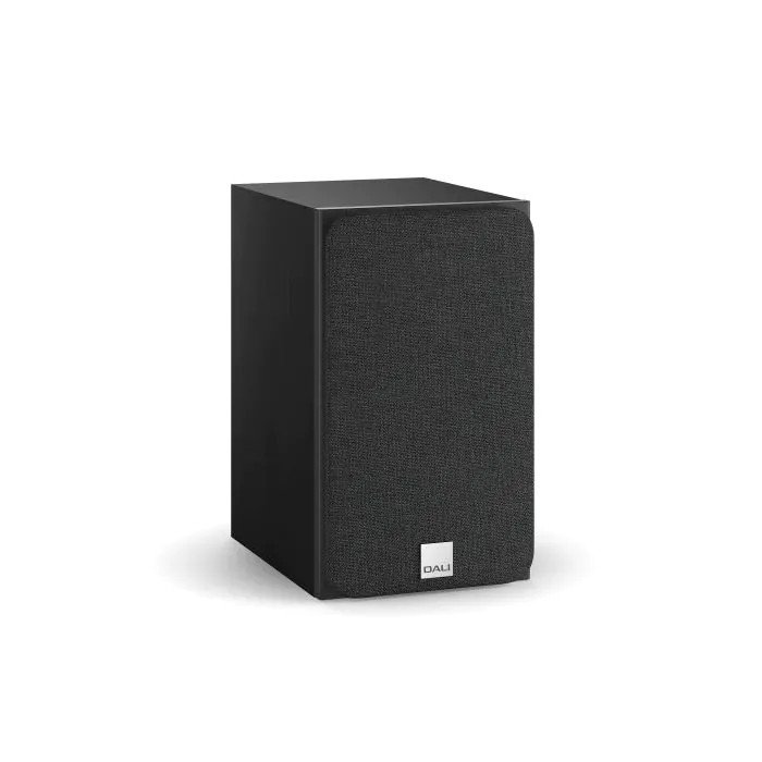 DALI Oberon 1 Bookshelf Speakers Black Ash (Pair) — angled view (grille on)