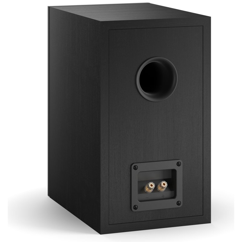 DALI Oberon 3 Bookshelf Speaker Black Ash - Rear Port and Binding Posts (Angled)