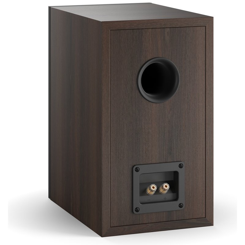 DALI Oberon 3 Bookshelf Speaker Dark Walnut - Rear Port and Binding Posts (Angled)