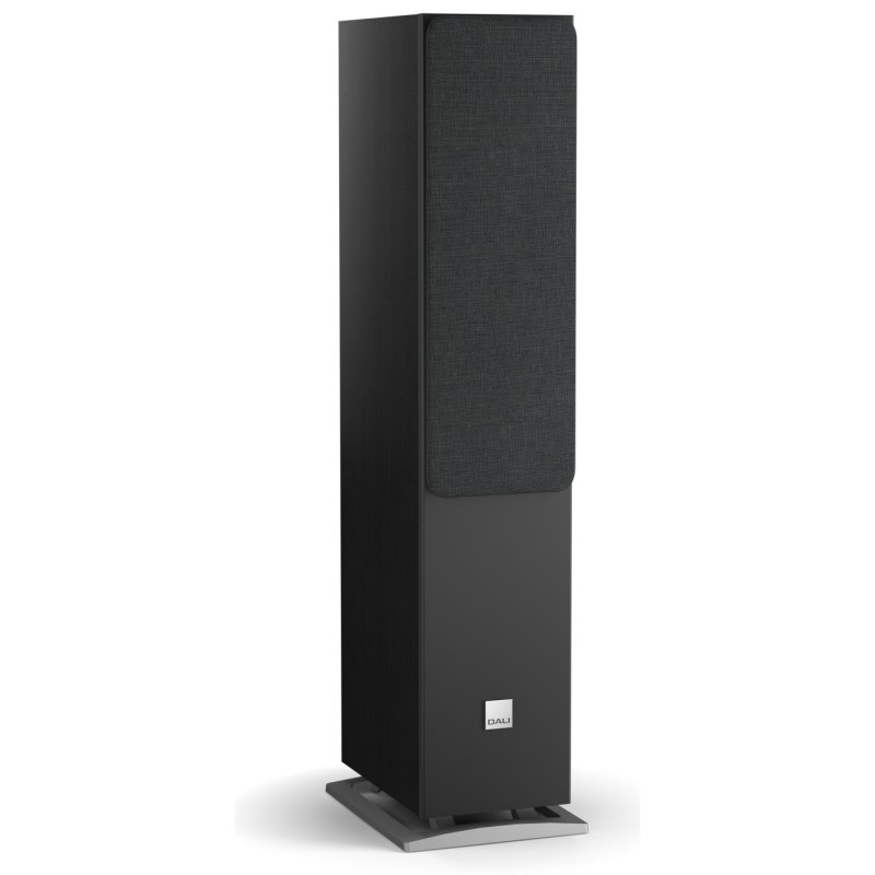 DALI Oberon 5 Floorstanding Speakers Black Ash (Pair): angled view with grille