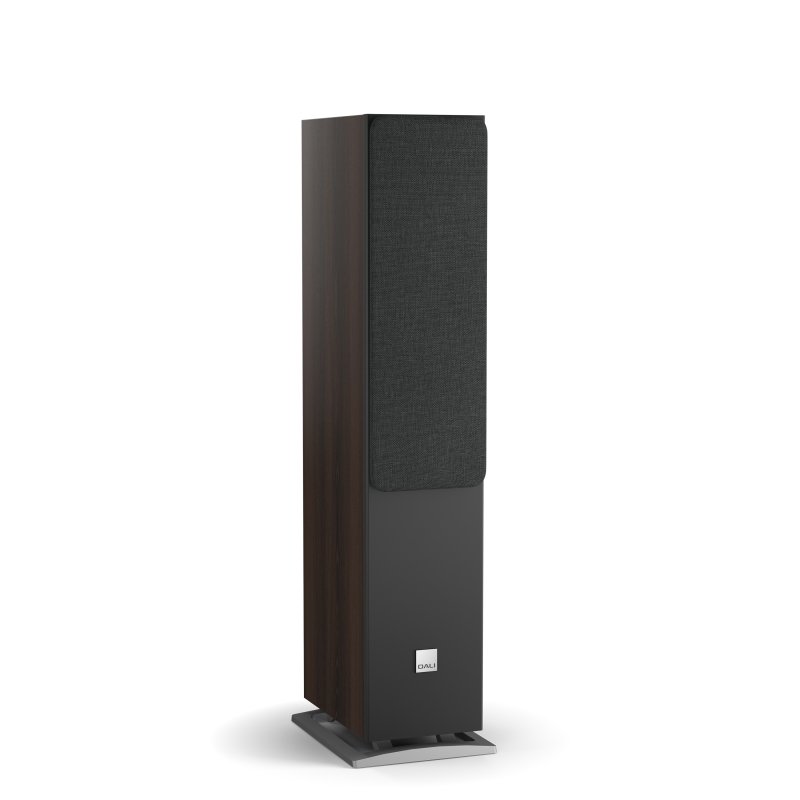 DALI Oberon 5 Floorstanding Speakers Dark Walnut (Pair): angled view with grille