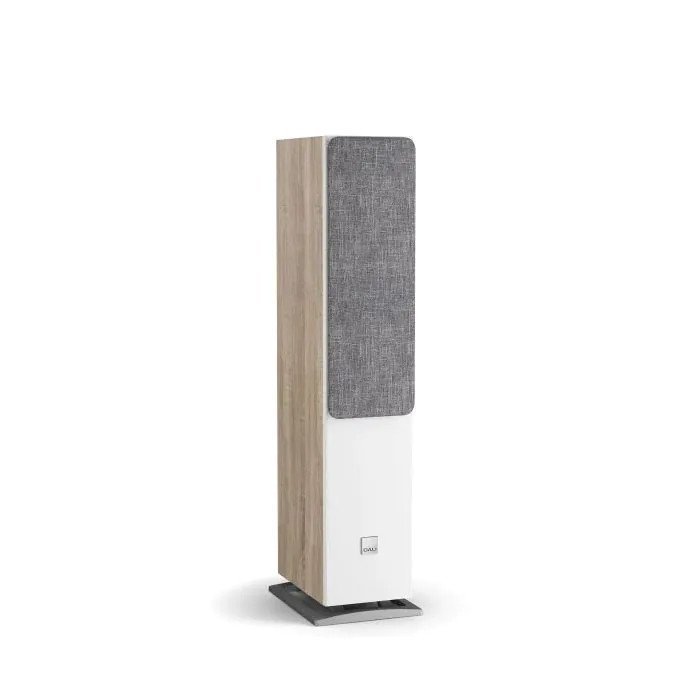 DALI Oberon 5 Floorstanding Speakers Light Oak (Pair) — three-quarter view (grille on)