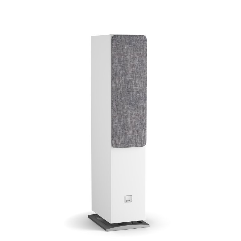 DALI Oberon 5 Floorstanding Speakers White (Pair): angled view with grille